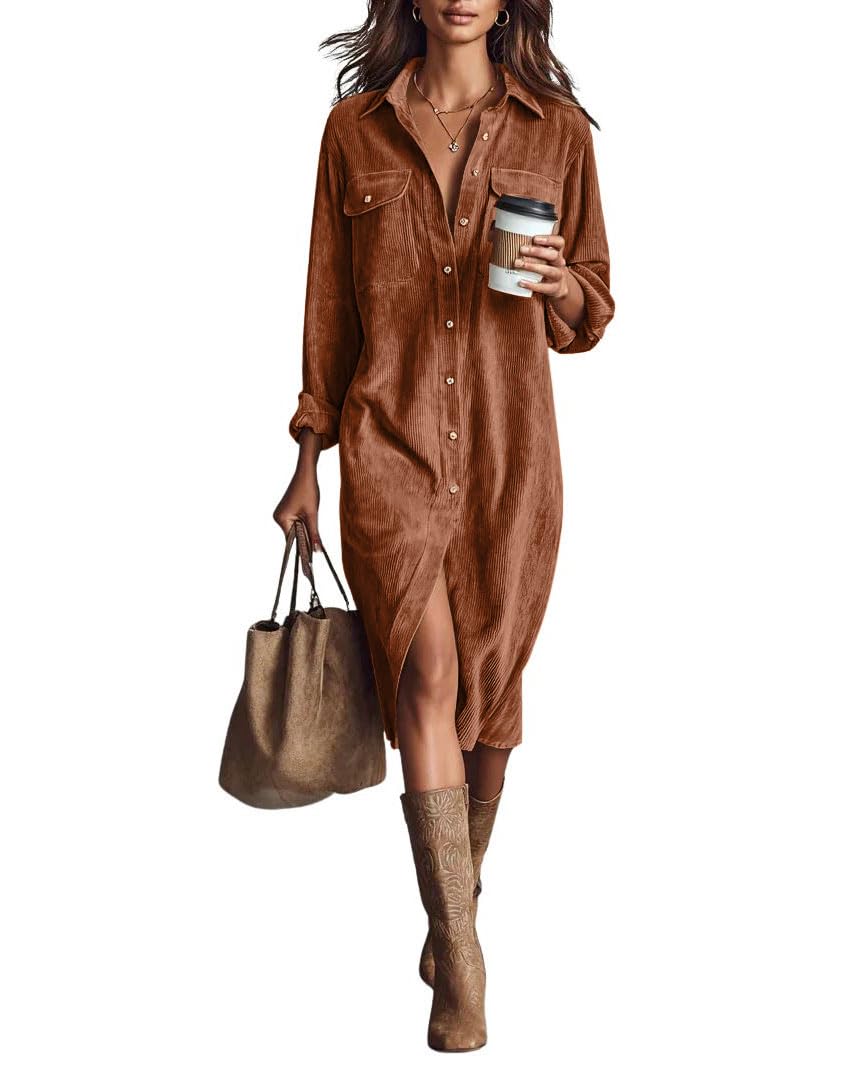 chouyatou Women's Fall Corduroy Button Down Shirt Dress Casual Lapel a Line Pleated Tunic Shift Midi Long Dress