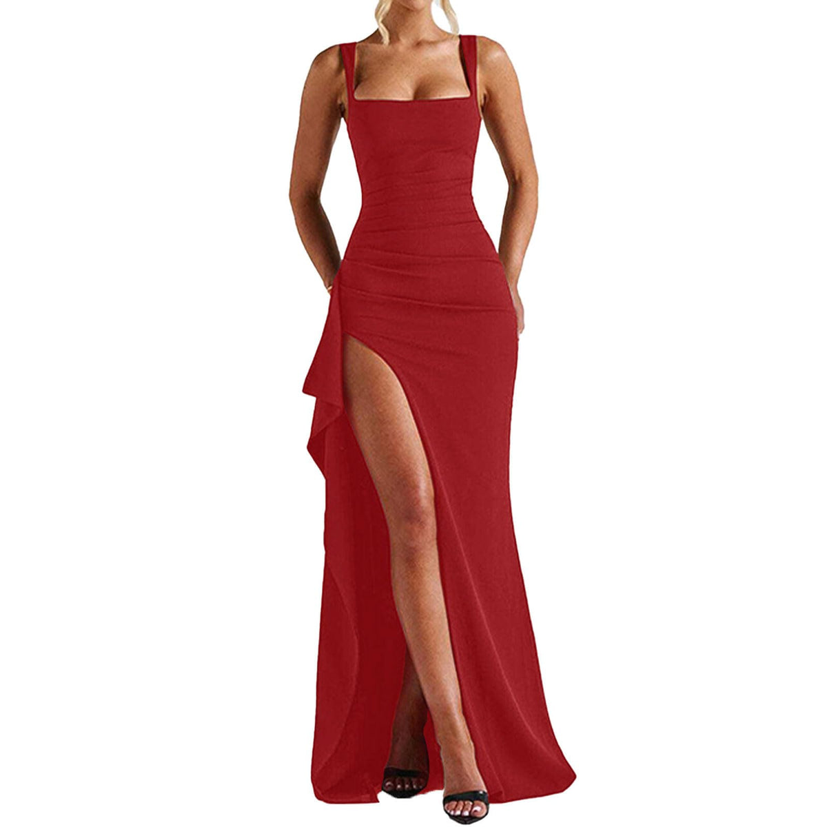 ABYOVRT Women Formal Dresses Sleeveless Bodycon Ruched High Slit Sexy Maxi Dress Cocktail Prom