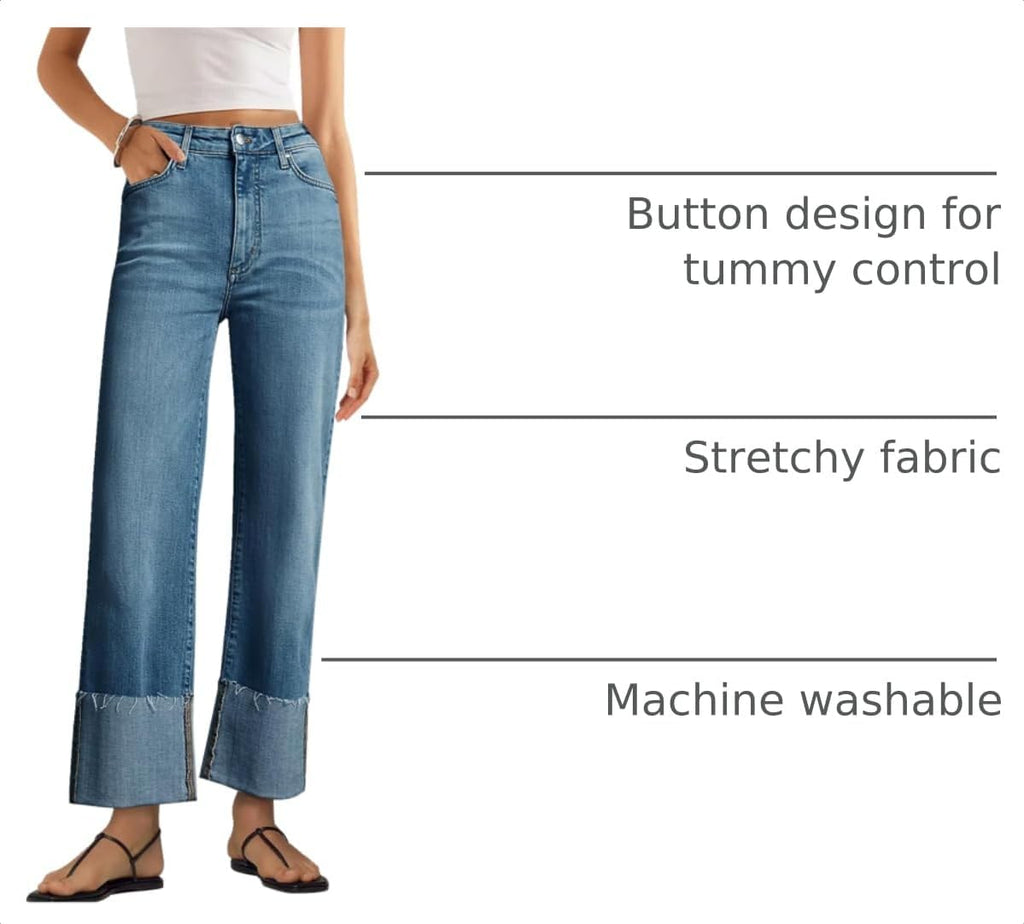 KUNMI Women's Wide Leg Jeans High Waisted Straight Leg Stretchy Denim Pants with Pockets