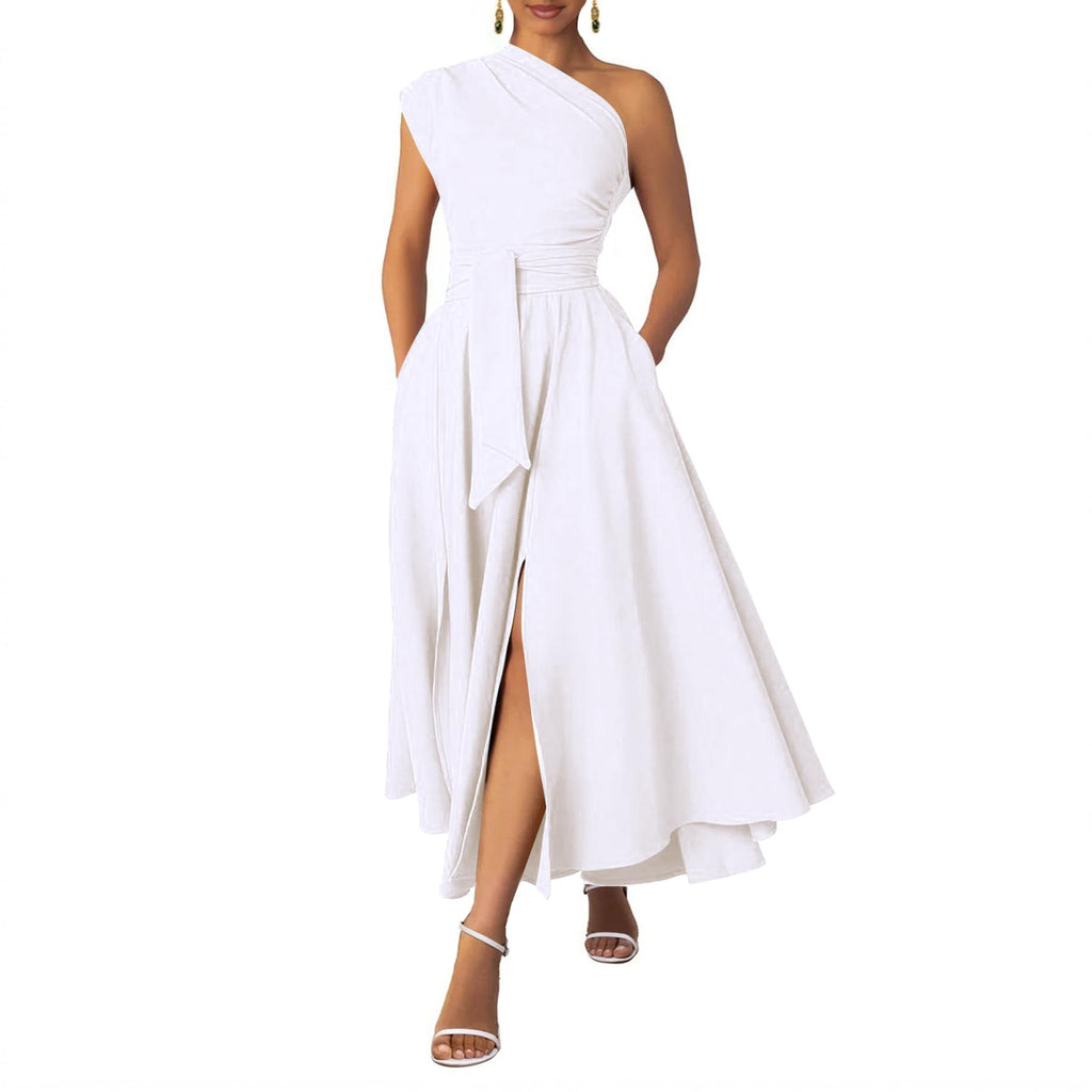 Ekaliy Women's One Shoulder Belted Maxi Dress Formal Wedding Guest Dress
