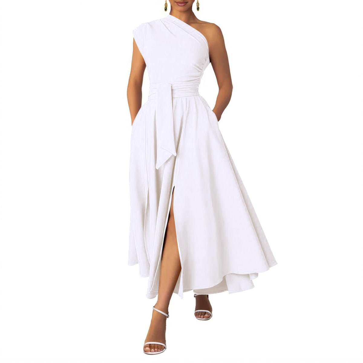 Ekaliy Women's One Shoulder Belted Maxi Dress Formal Wedding Guest Dress