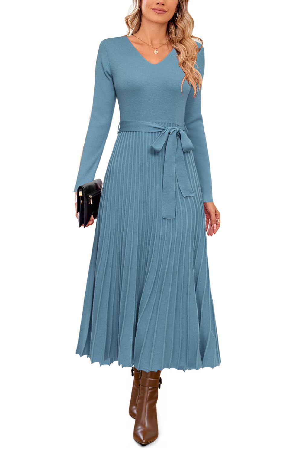Arach&Cloz Women's Wool Blend Fall Long Sleeve Midi Sweater Dress