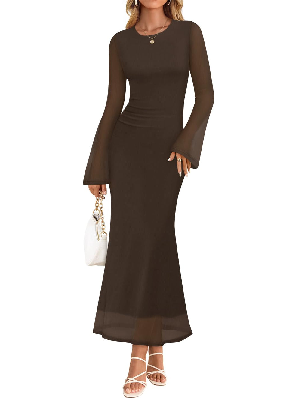 ZESICA Womens Long Sleeve Floral Fall Bodycon Ruched Mesh Maxi Formal Dress