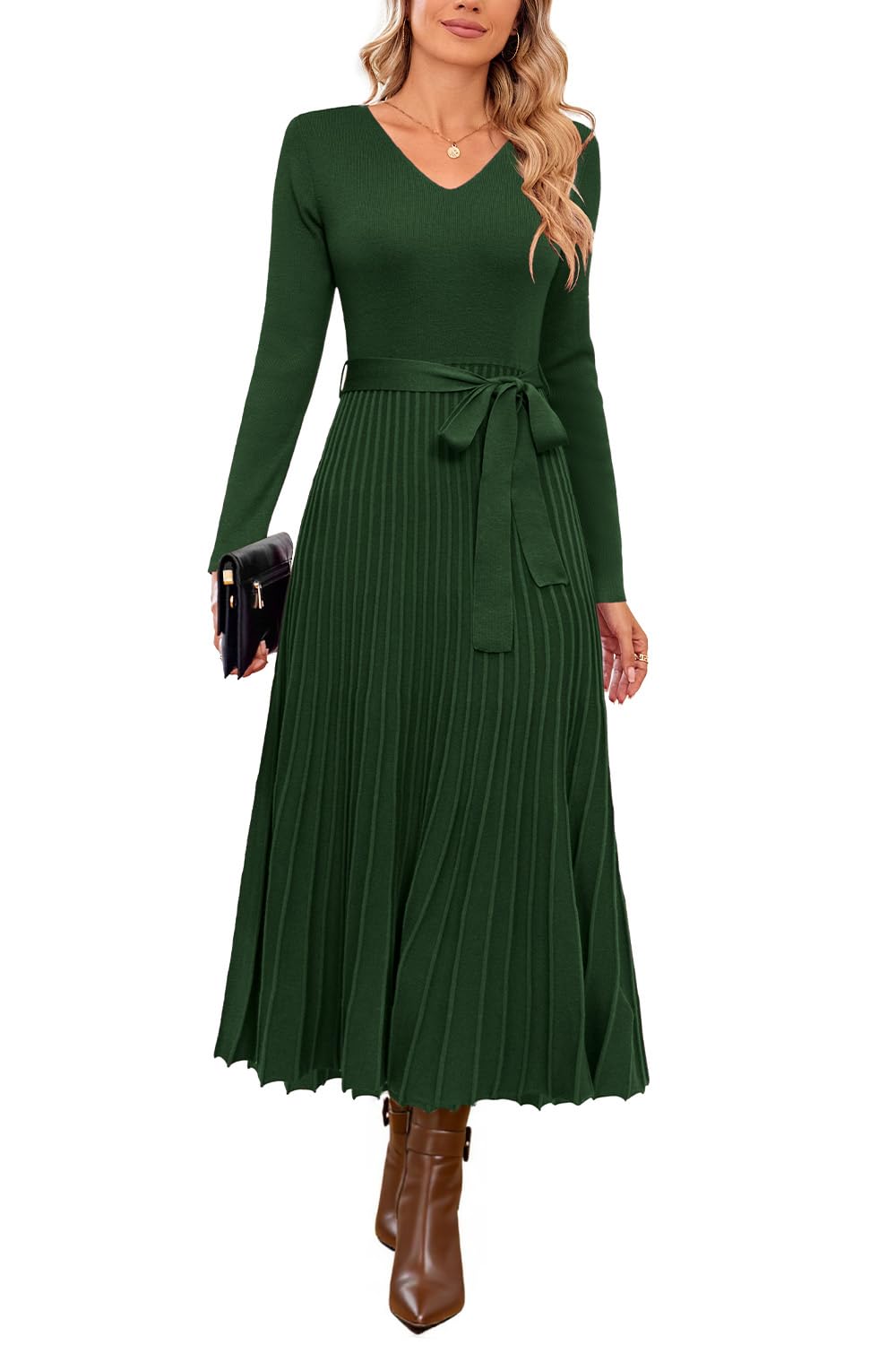 Arach&Cloz Women's Wool Blend Fall Long Sleeve Midi Sweater Dress