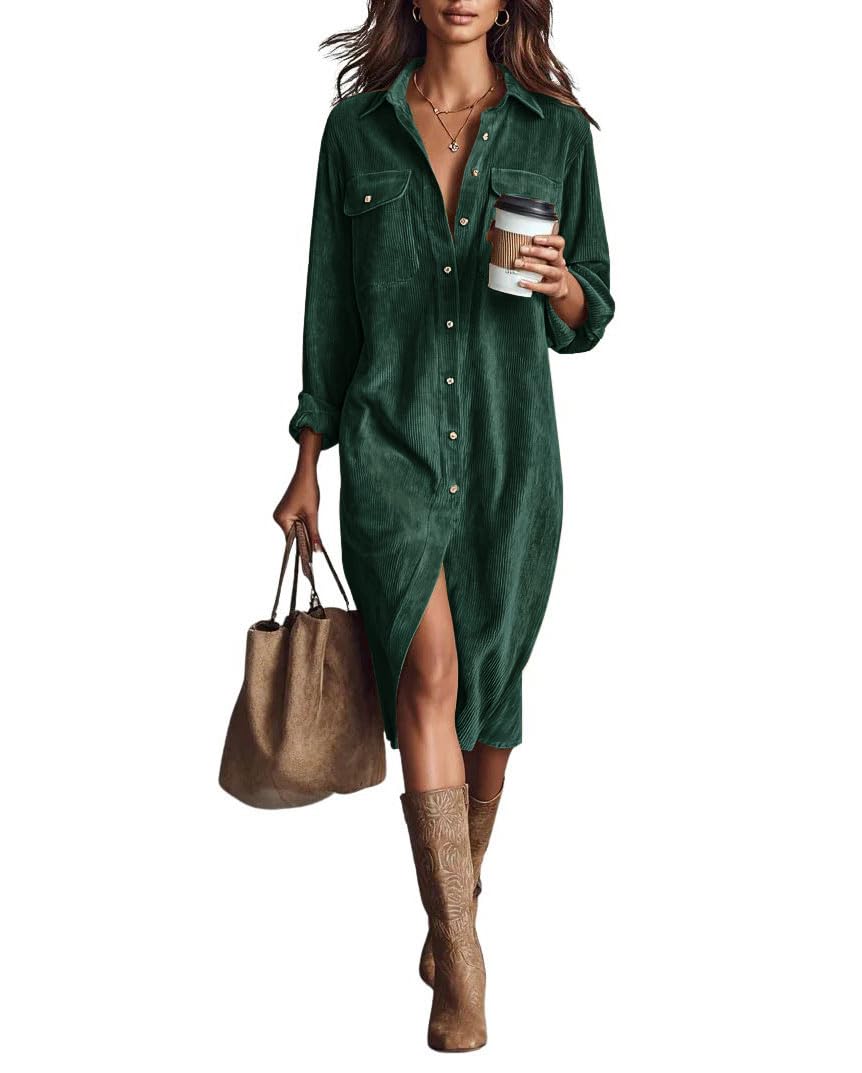 chouyatou Women's Fall Corduroy Button Down Shirt Dress Casual Lapel a Line Pleated Tunic Shift Midi Long Dress
