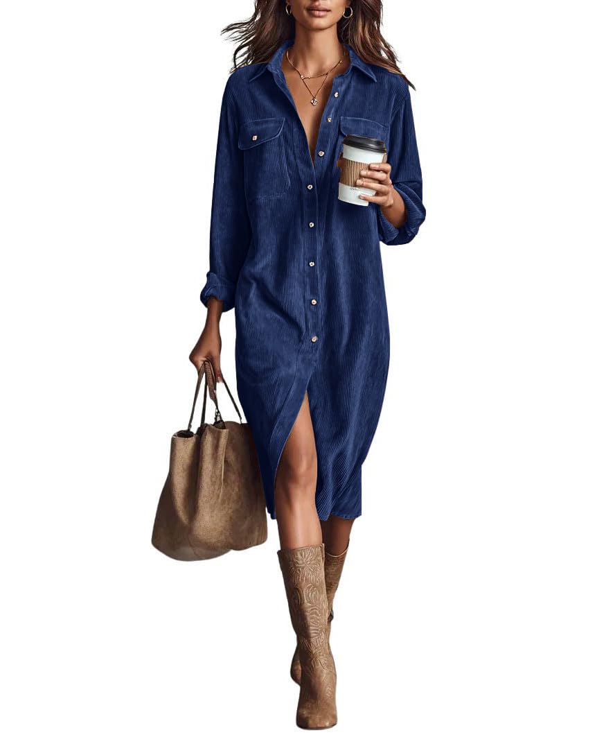 chouyatou Women's Fall Corduroy Button Down Shirt Dress Casual Lapel a Line Pleated Tunic Shift Midi Long Dress