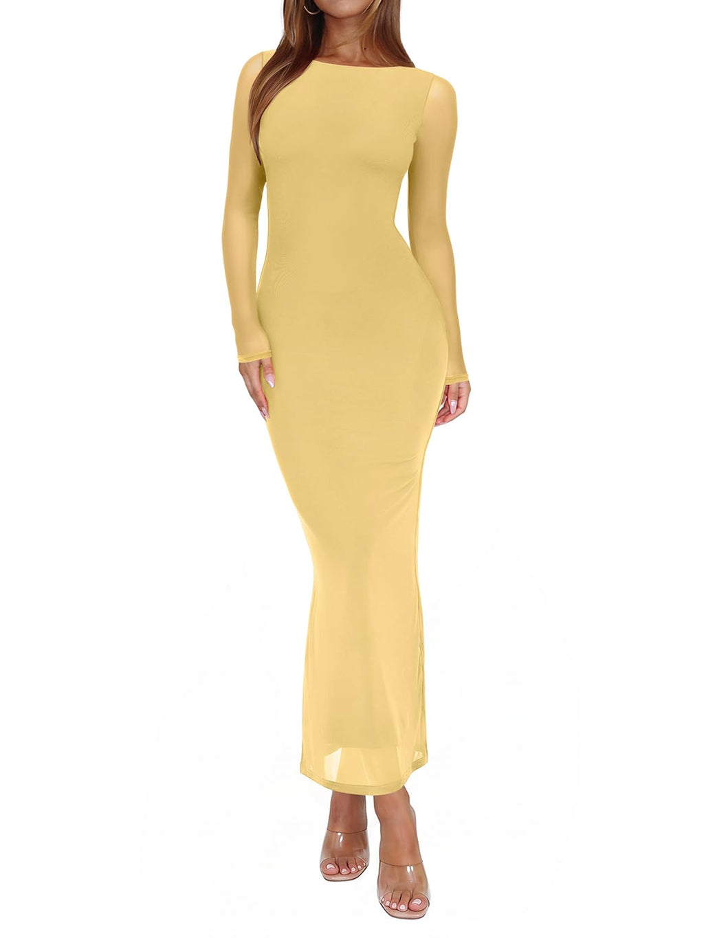 REORIA Women's Fall Mesh Sheer Long Sleeve Wedding Guest Dress Sexy Floral Bodycon Maxi Long Dresses