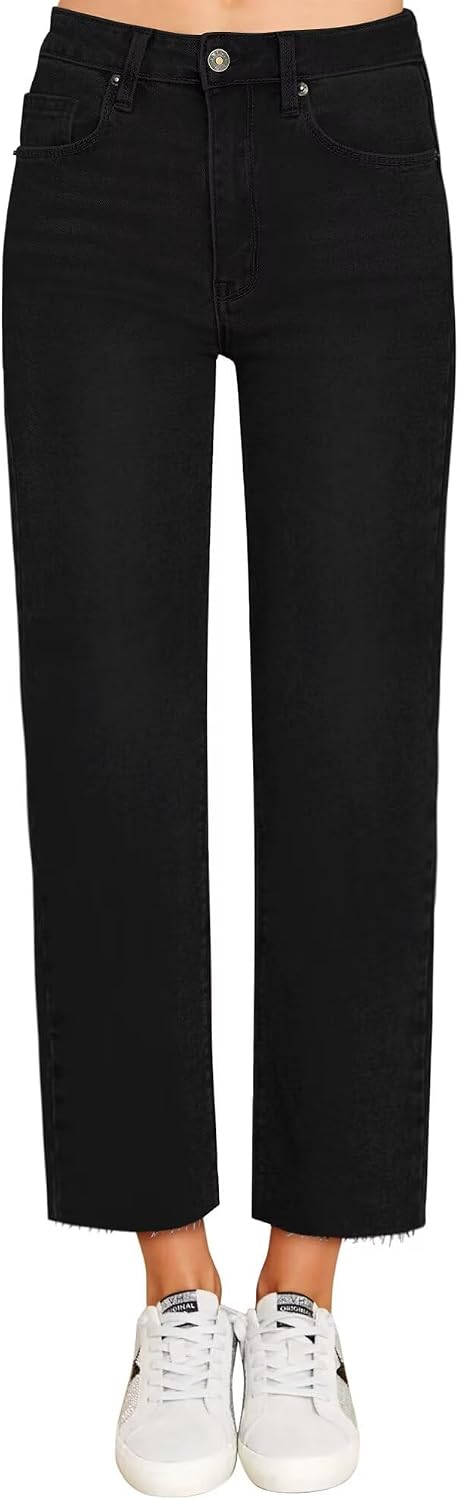 KDF Women's Cropped Straight Leg Jeans - High Waisted Jeans for Women 7/8 Length Denim Pants with Crop Hem