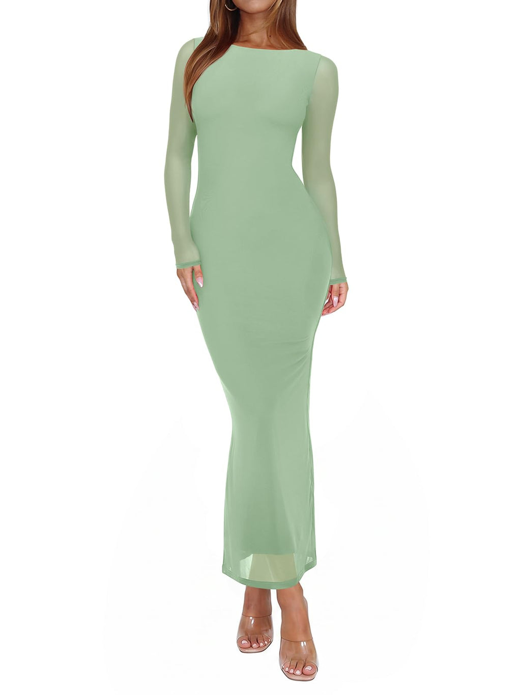 REORIA Women's Fall Mesh Sheer Long Sleeve Wedding Guest Dress Sexy Floral Bodycon Maxi Long Dresses