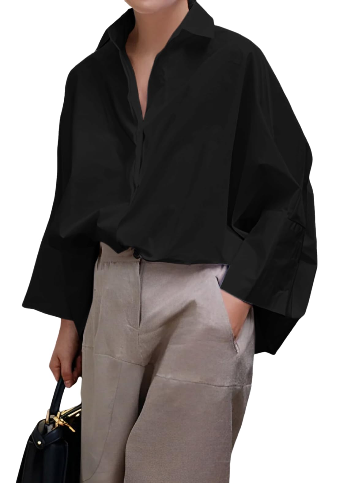 UOOZEE Womens Button Down Shirt Casual 3/4 Sleeve Loose Fit Collared Work Blouse Tops