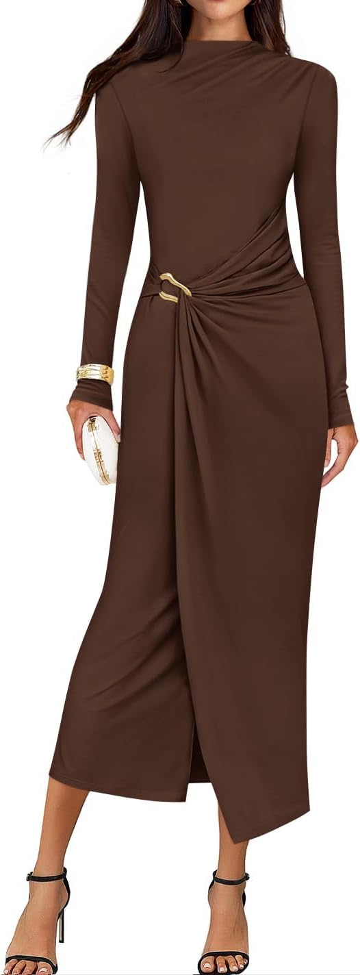 ZESICA Womens Fall Long Sleeve Wedding Guest Midi Dresses