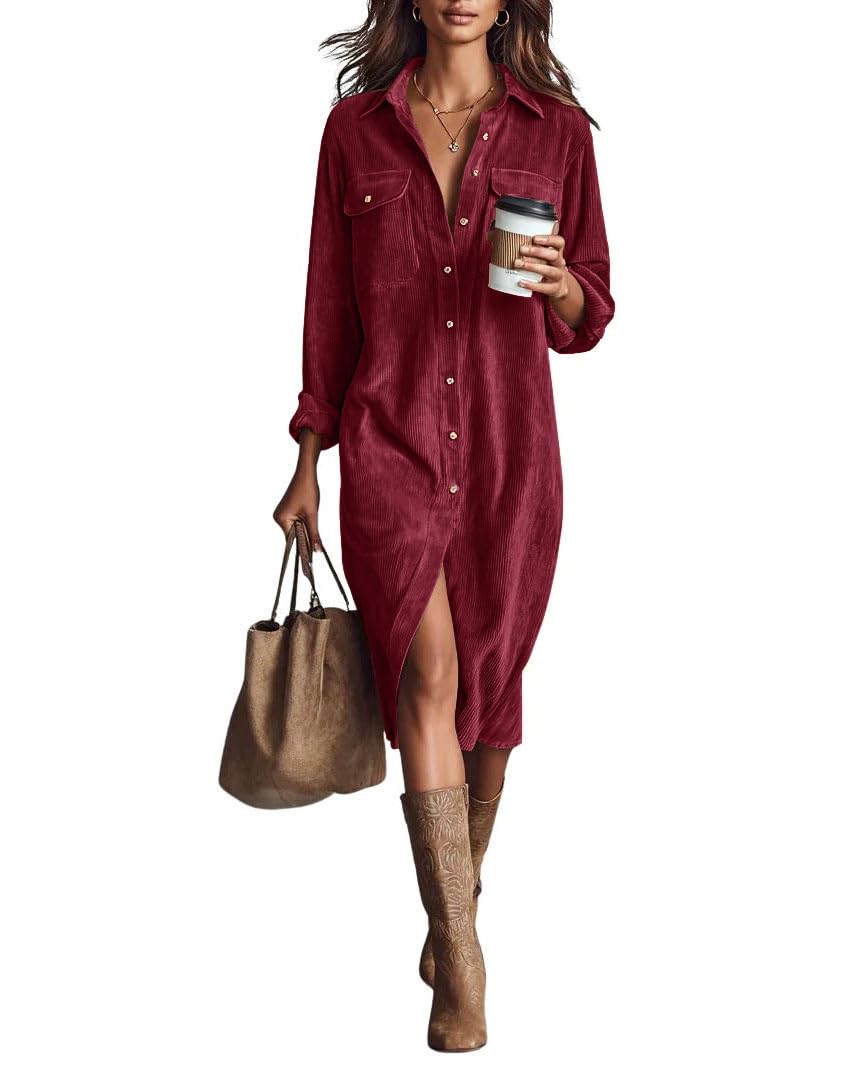 chouyatou Women's Fall Corduroy Button Down Shirt Dress Casual Lapel a Line Pleated Tunic Shift Midi Long Dress