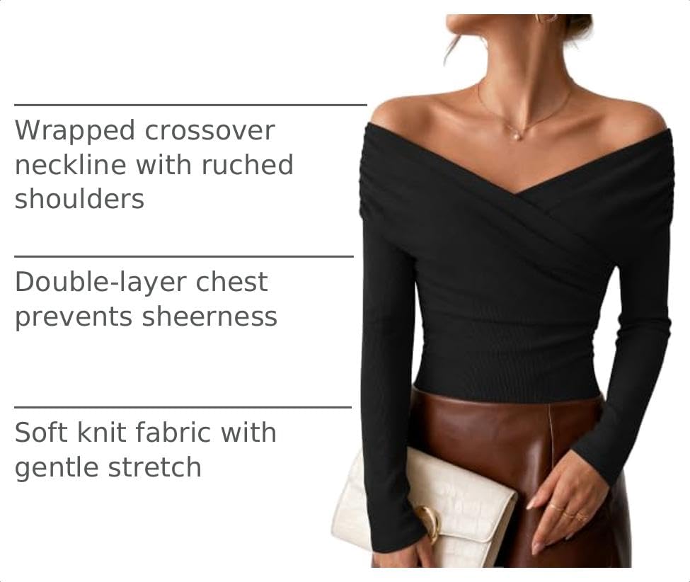 ZESICA Womens 2026 Fall Long Sleeve Wrap Off Shoulder Y2K Going Out Tops