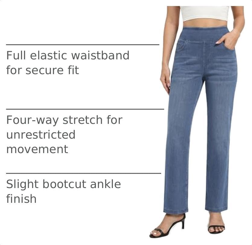 Pull on Straight Leg Jeans for Women Stretchy Sweatpant Jeans Elastic High Waist Tummy Control Trendy Denim Pants