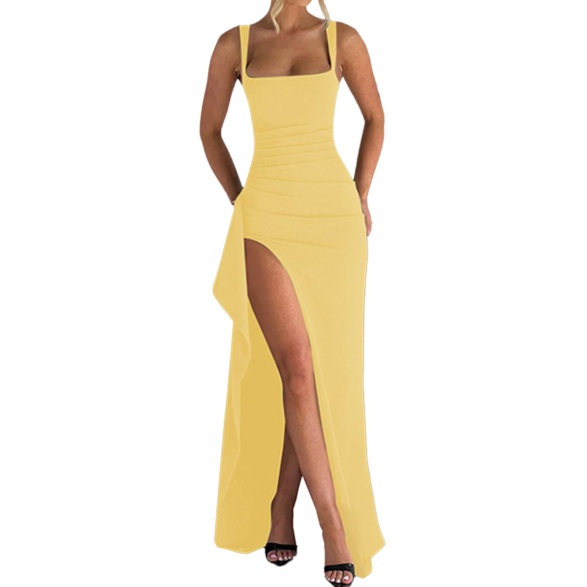 ABYOVRT Women Formal Dresses Sleeveless Bodycon Ruched High Slit Sexy Maxi Dress Cocktail Prom