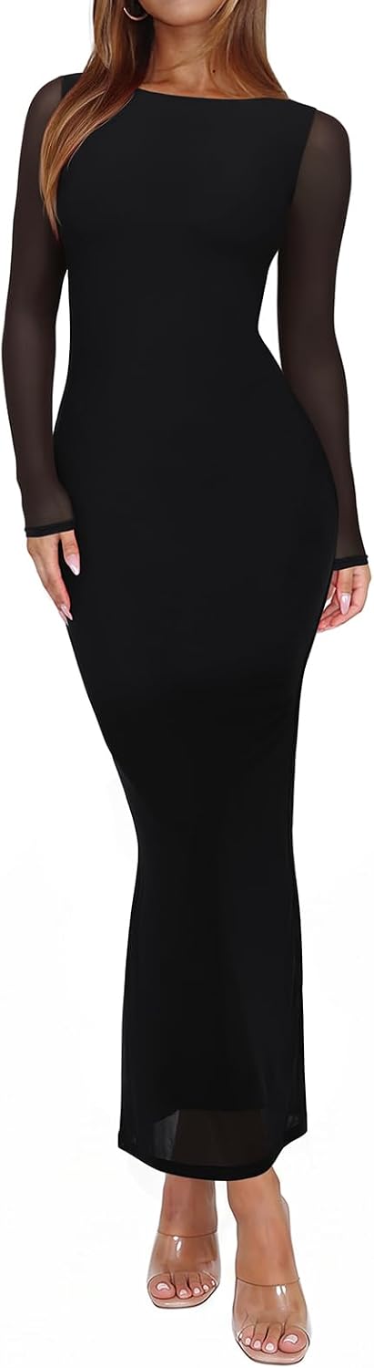 REORIA Women's Fall Mesh Sheer Long Sleeve Wedding Guest Dress Sexy Floral Bodycon Maxi Long Dresses