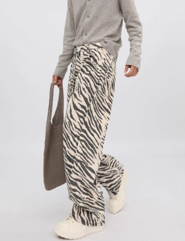 Unisex Y2K Striped Zebra Print Baggy Jeans High Waist Drawstring