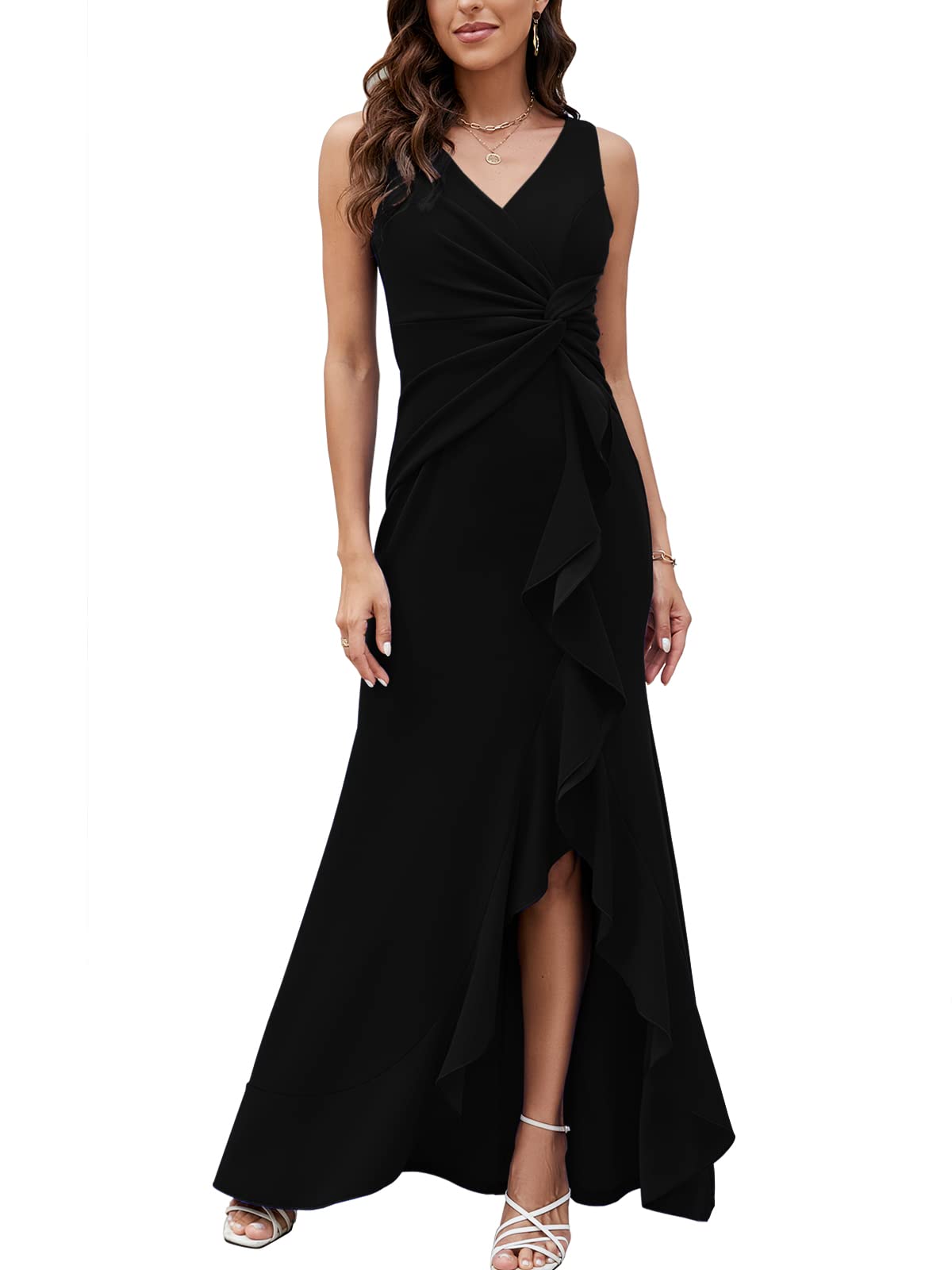 FQA Formal Evening Dresses for Women Elegant Evening Party Prom Dress Long Sexy V Neck Sleeveless Split Wrap