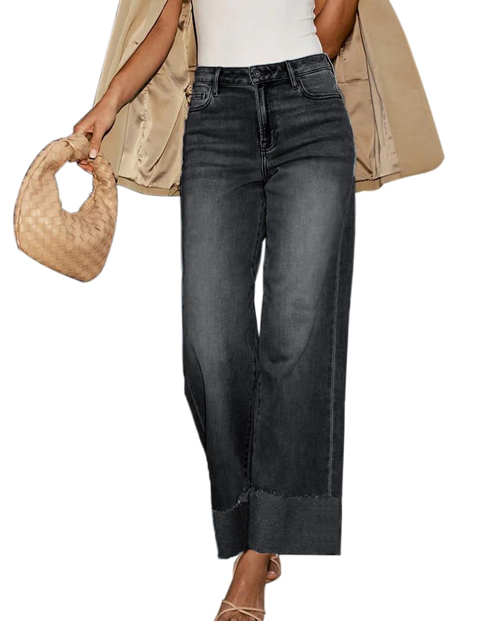 High Waisted Wide Leg Cuffed Jeans for Women Frayed Raw Hem 2026