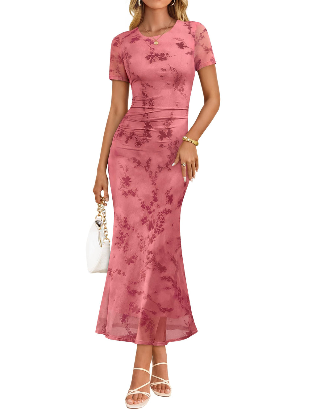 ZESICA Women Summer 2026 Floral Short Sleeve Bodycon Mesh Maxi Formal Dress