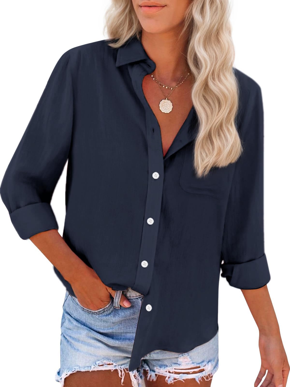 Womens Button Down Shirts Cotton Dress Shirts Oxford Shirts Long Sleeve Work Blouses Collared Tops Tunics with Pocket