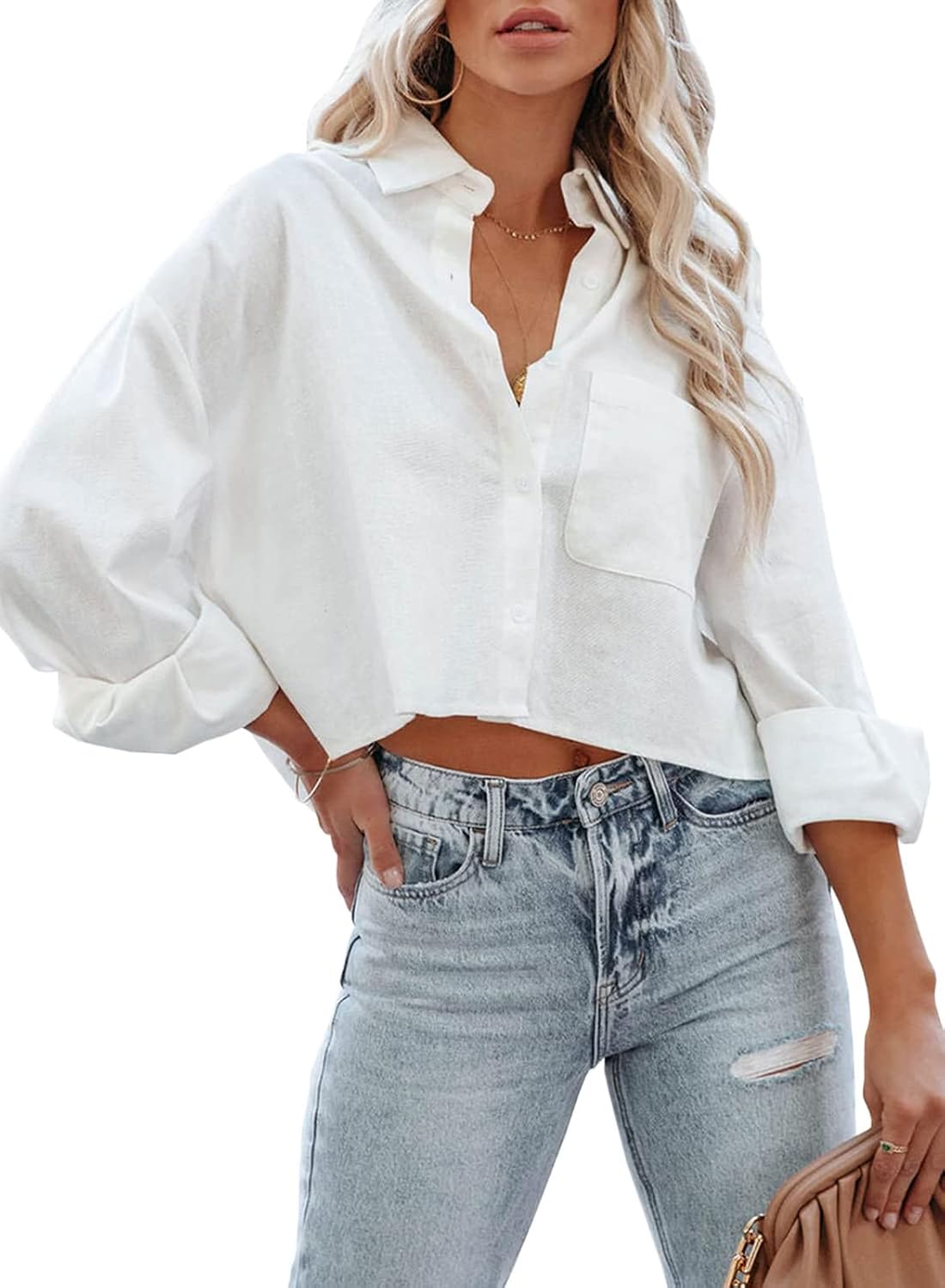 Tankaneo Womens Button Down Cropped Shirts Long Sleeve Crop Tops Blouses