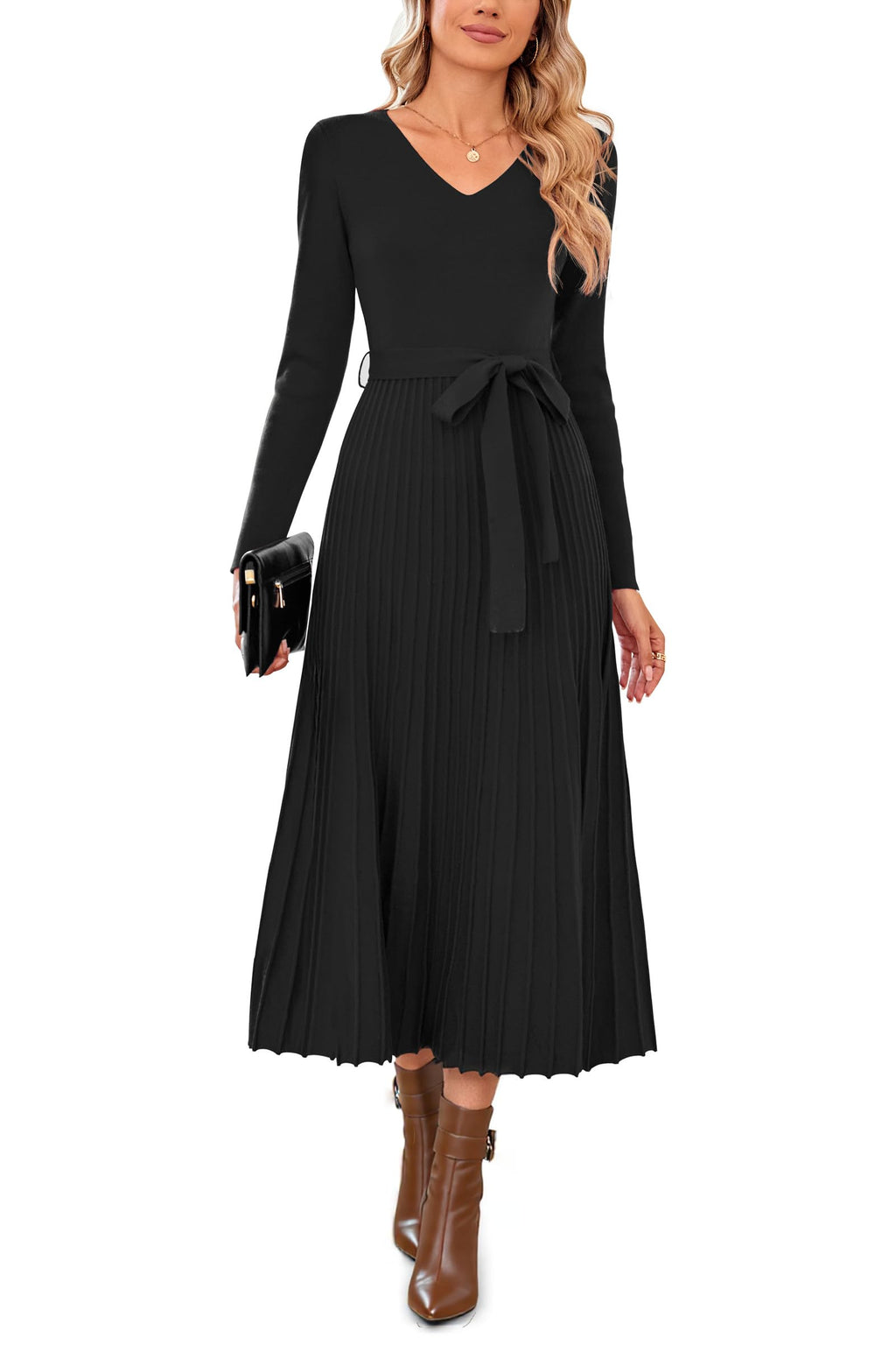 Arach&Cloz Women's Wool Blend Fall Long Sleeve Midi Sweater Dress