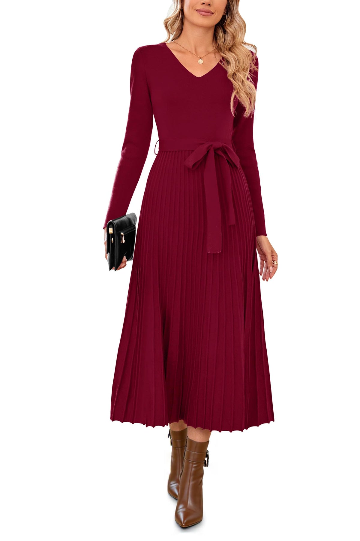Arach&Cloz Women's Wool Blend Fall Long Sleeve Midi Sweater Dress