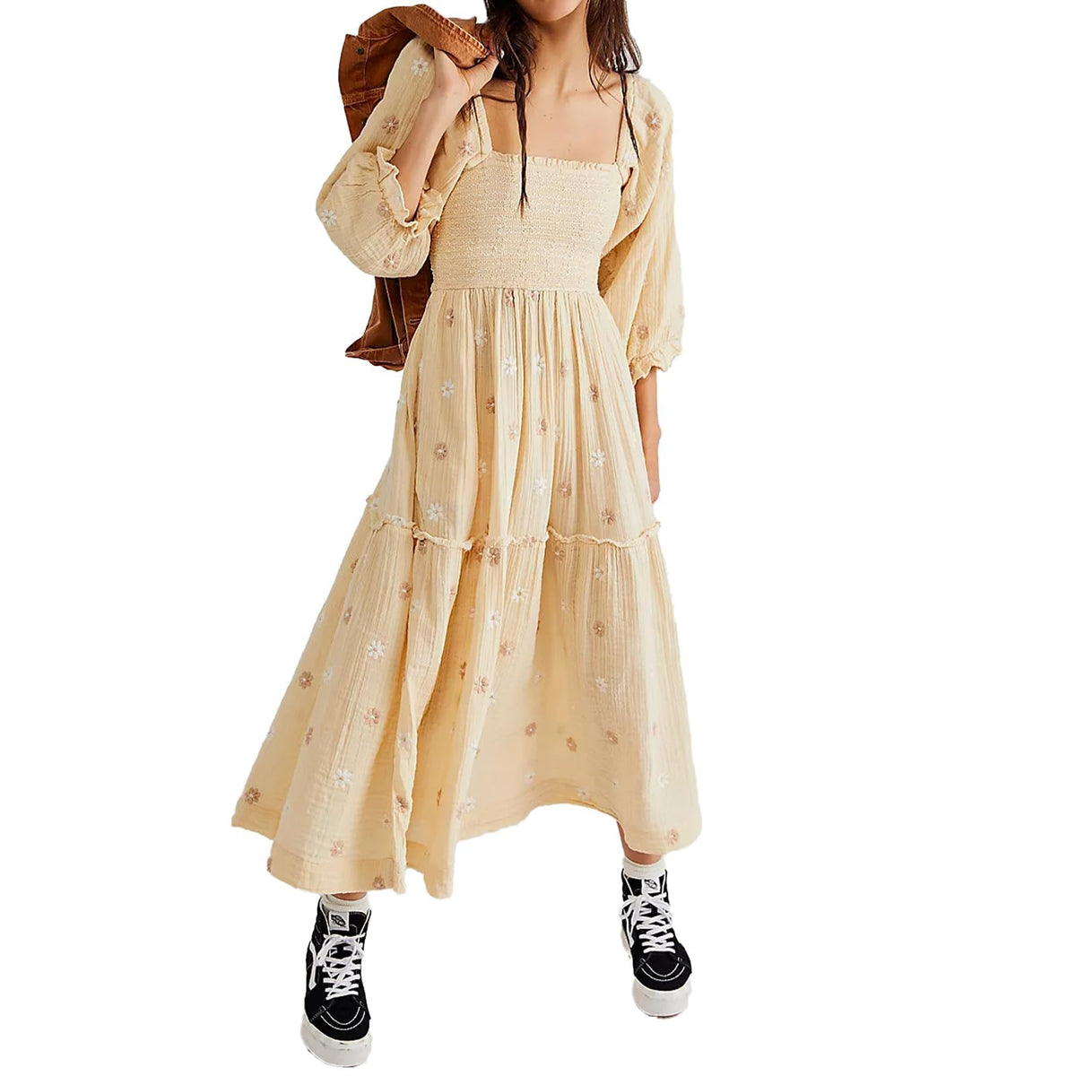 ABYOVRT Women Floral Embroidered Maxi Dress Long Puff Sleeve Square Neck Bohemian Flowy Dress with Pockets Summer Fall