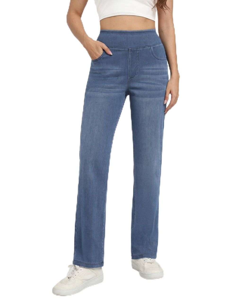Pull on Straight Leg Jeans for Women Stretchy Sweatpant Jeans Elastic High Waist Tummy Control Trendy Denim Pants