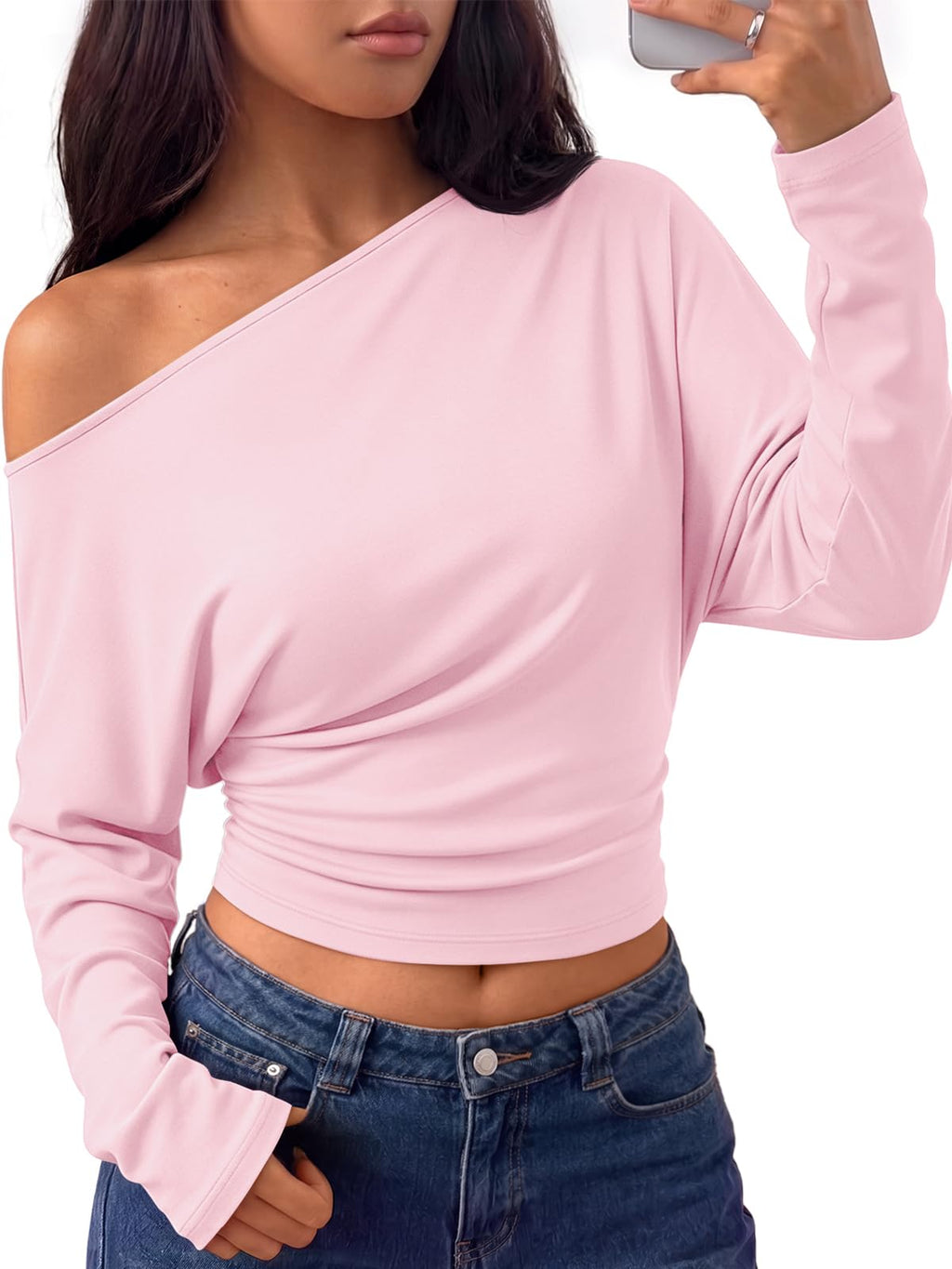 Trendy Queen Off the Shoulder Tops for Women Cinched Waist Shirts 2026 Fall