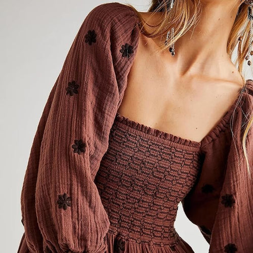 ABYOVRT Women Floral Embroidered Maxi Dress Long Puff Sleeve Square Neck Bohemian Flowy Dress with Pockets Summer Fall