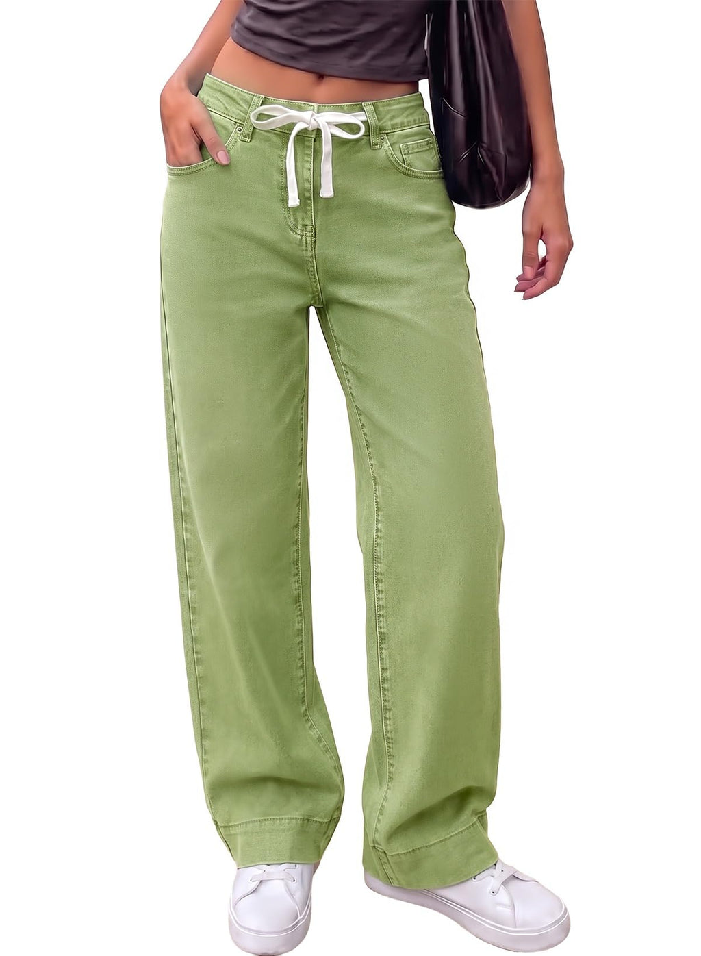 Sidefeel Women's High Waisted Straight Leg Jeans Drawstring Denim Pants