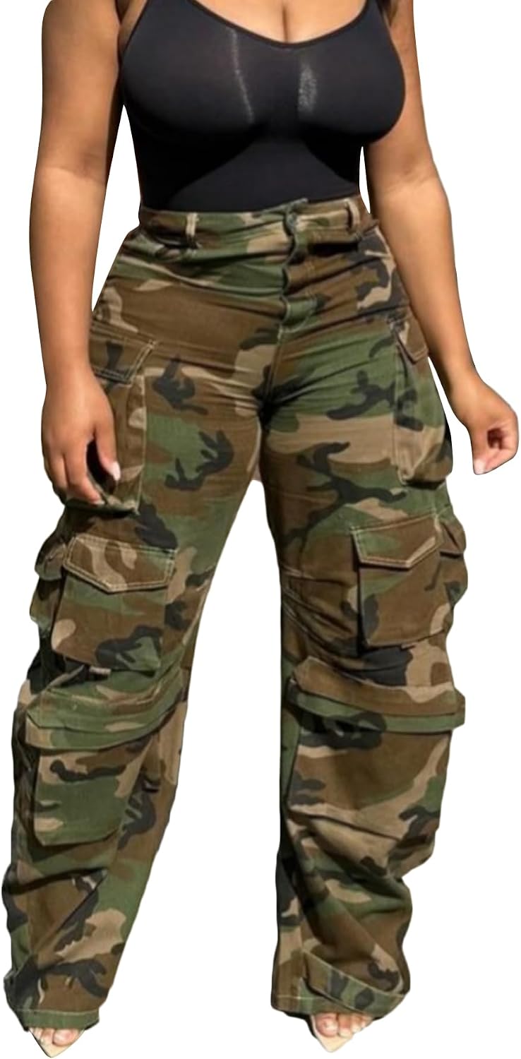LKOUS Women's Cargo Baggy Straight Jeans Streetwear Y2K Multi Pocket