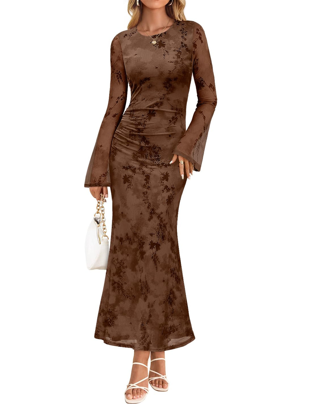 ZESICA Womens Long Sleeve Floral Fall Bodycon Ruched Mesh Maxi Formal Dress