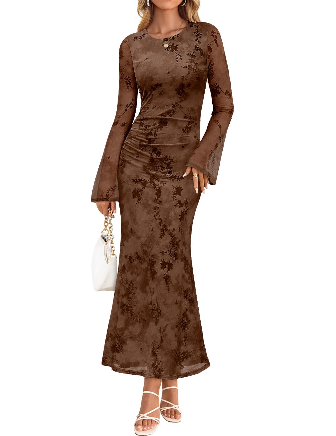 ZESICA Womens Long Sleeve Floral Fall Bodycon Ruched Mesh Maxi Formal Dress