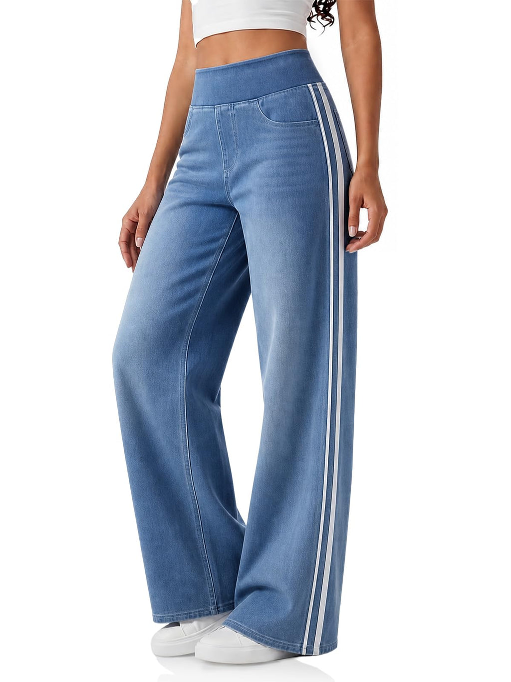 Cicy Bell Womens Pull On Jeans Wide Leg Stretchy Side Striped Denim Pants
