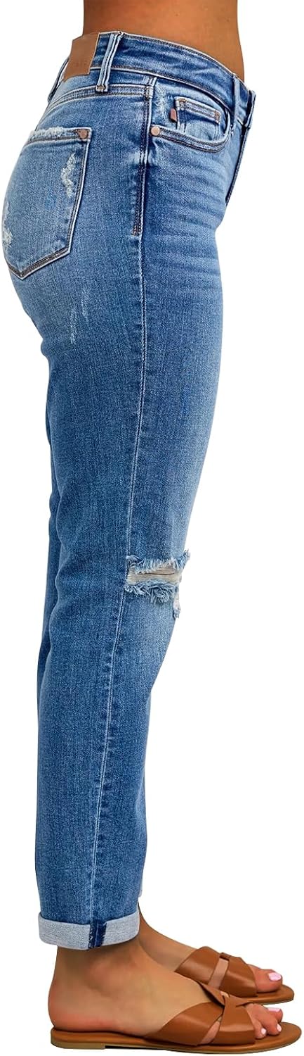 KUNMI Women's Ripped Mid Waisted Boyfriend Jeans Loose Fit Distressed Stretchy Denim Pants