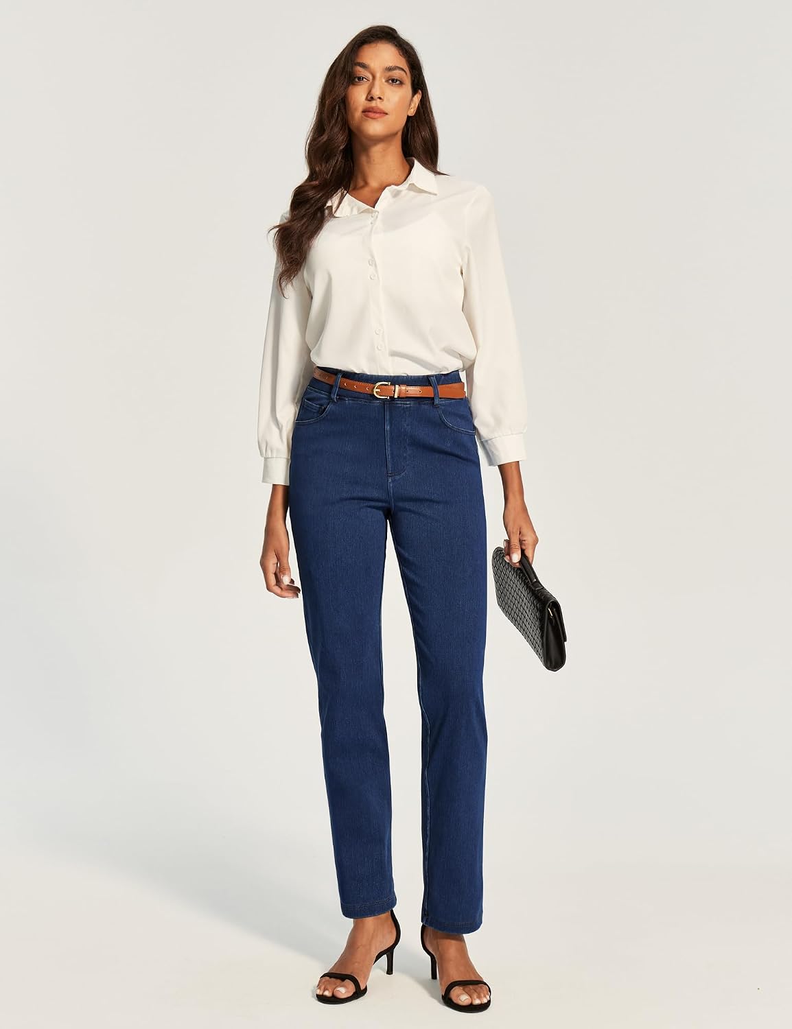 Stretchy Straight Leg Jeans for Women Trendy High Waisted Pull On Pants