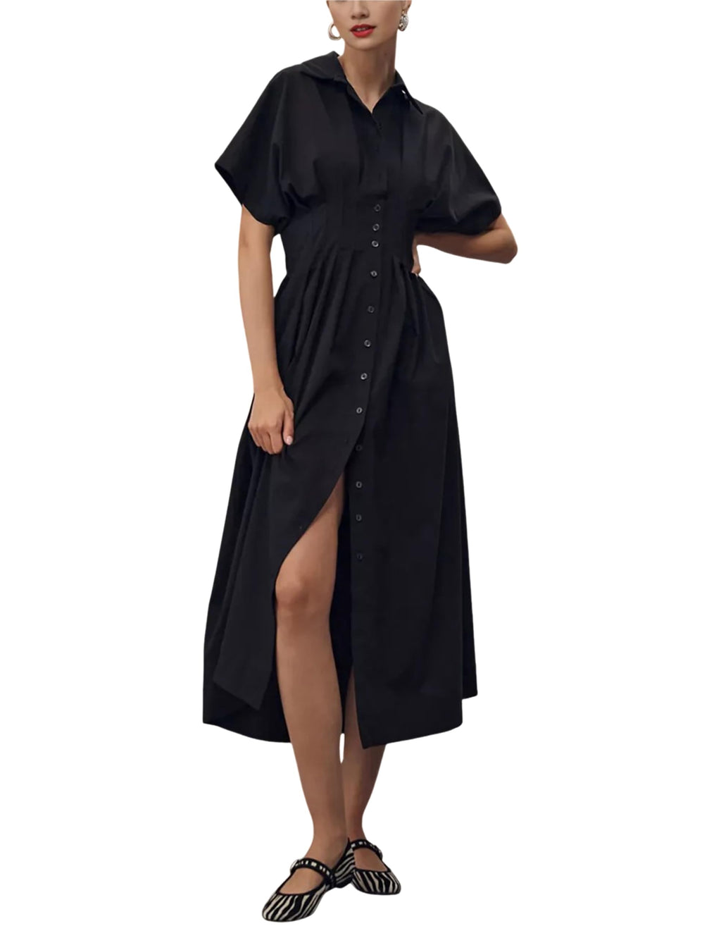 Yeokou Shirt Dress for Women Short Sleeve Button Front Casual Pleated Flowy Maxi Sundress with Pockets