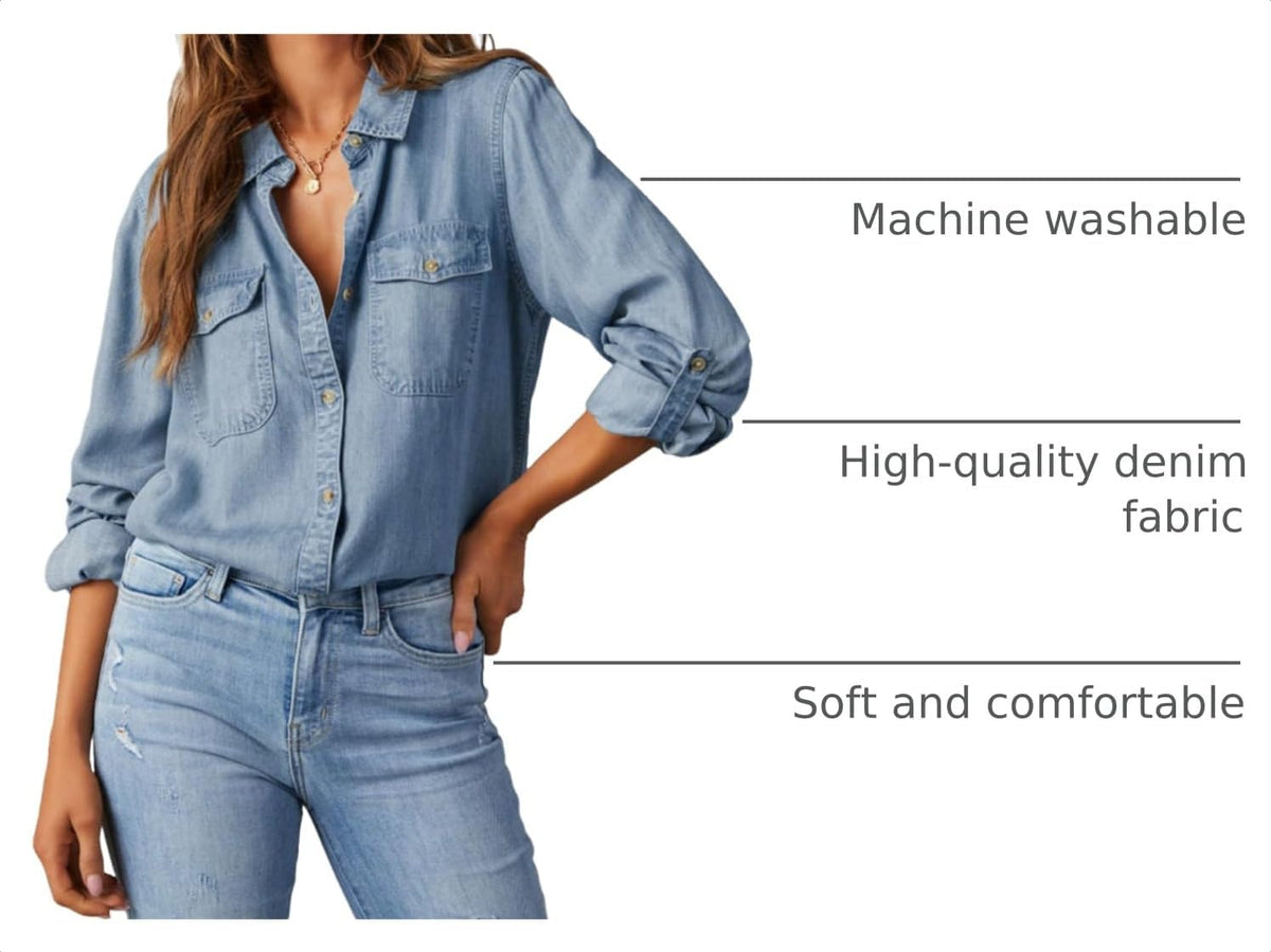 Astylish Women Denim Button Down Shirts Chambray Blouse Top