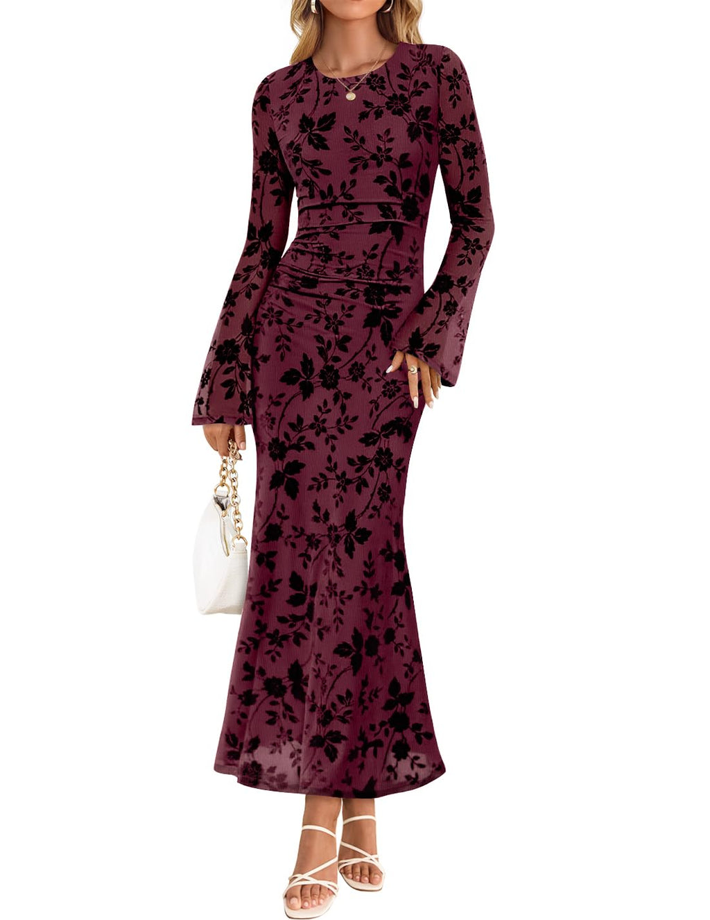 ZESICA Womens Long Sleeve Floral Fall Bodycon Ruched Mesh Maxi Formal Dress