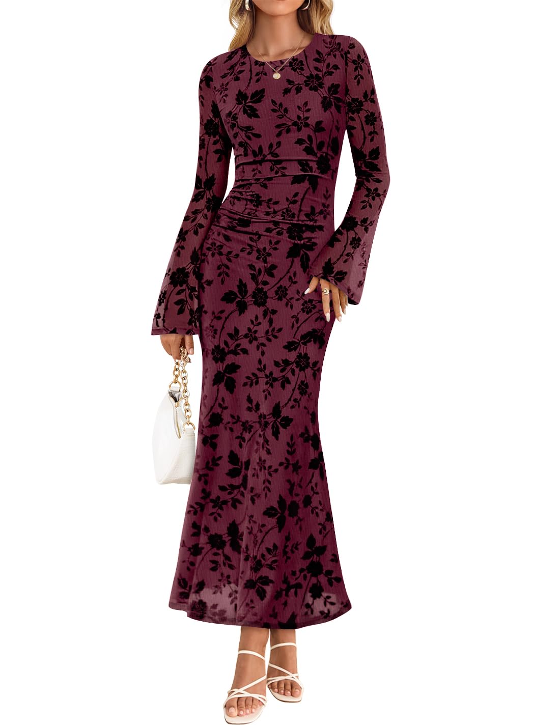 ZESICA Womens Long Sleeve Floral Fall Bodycon Ruched Mesh Maxi Formal Dress