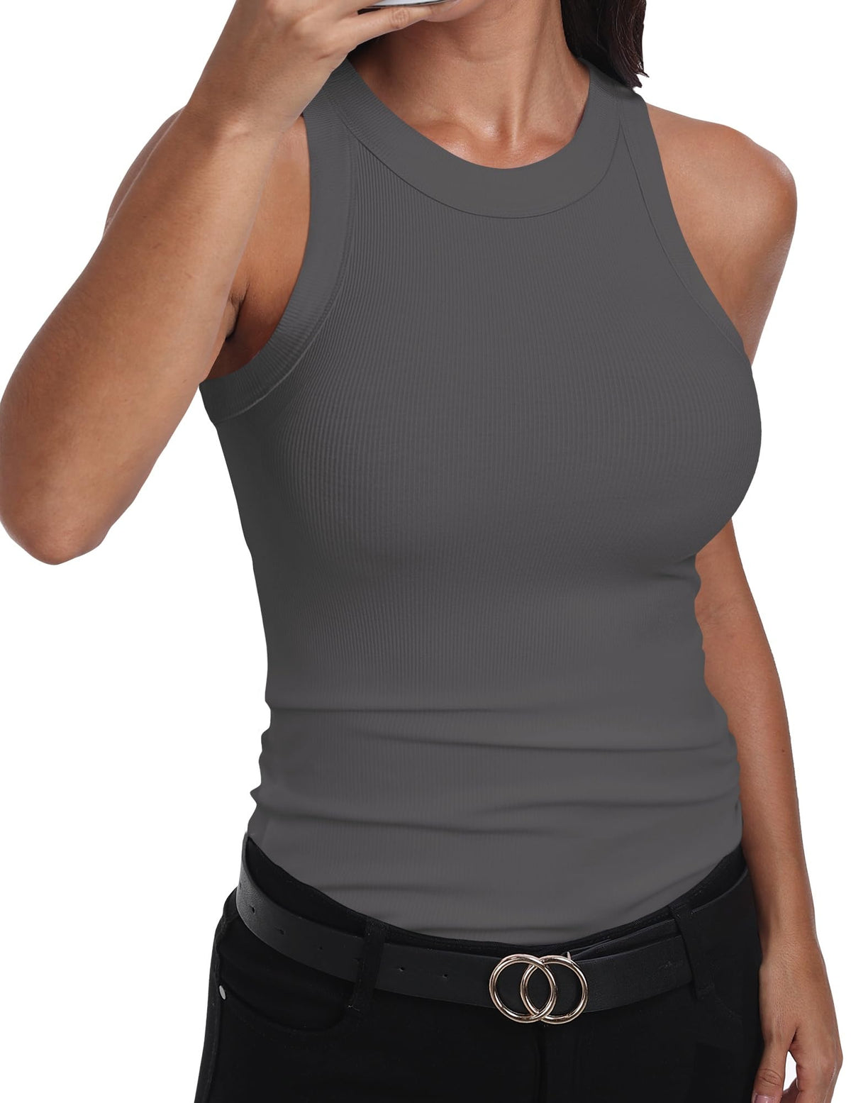 GEMBERA Womens Sleeveless Racerback High Neck Casual Basic Cotton Ribbed Fitted Tank Top
