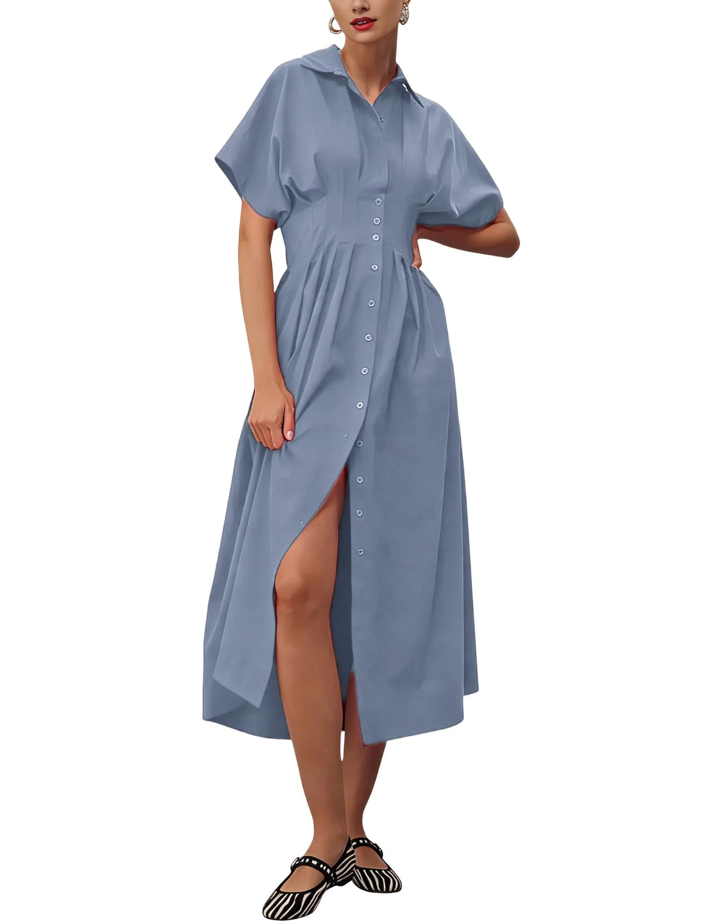 Yeokou Shirt Dress for Women Short Sleeve Button Front Casual Pleated Flowy Maxi Sundress with Pockets