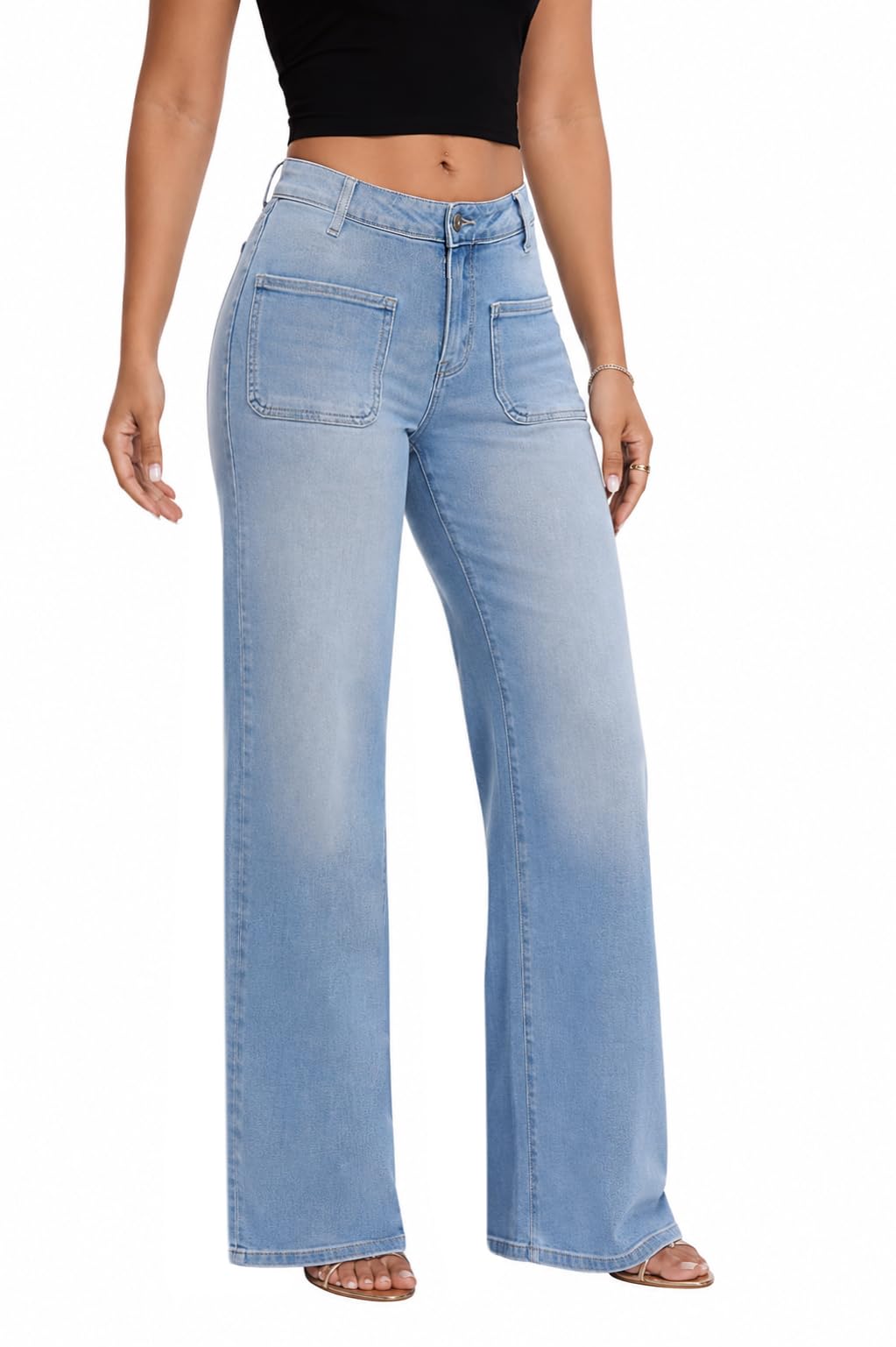 ONESO Wide Leg Jeans for Women Mid Low Rise Baggy Stretchy Denim Pants