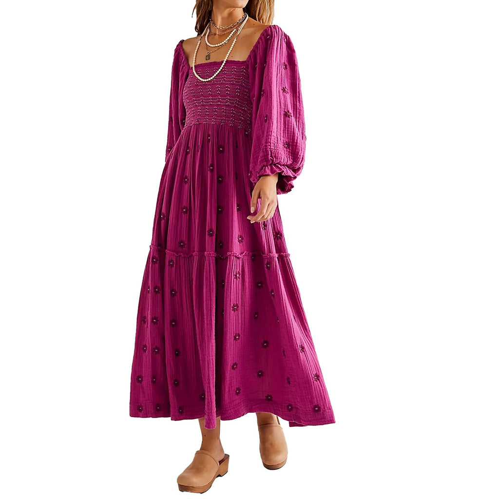 ABYOVRT Women Floral Embroidered Maxi Dress Long Puff Sleeve Square Neck Bohemian Flowy Dress with Pockets Summer Fall