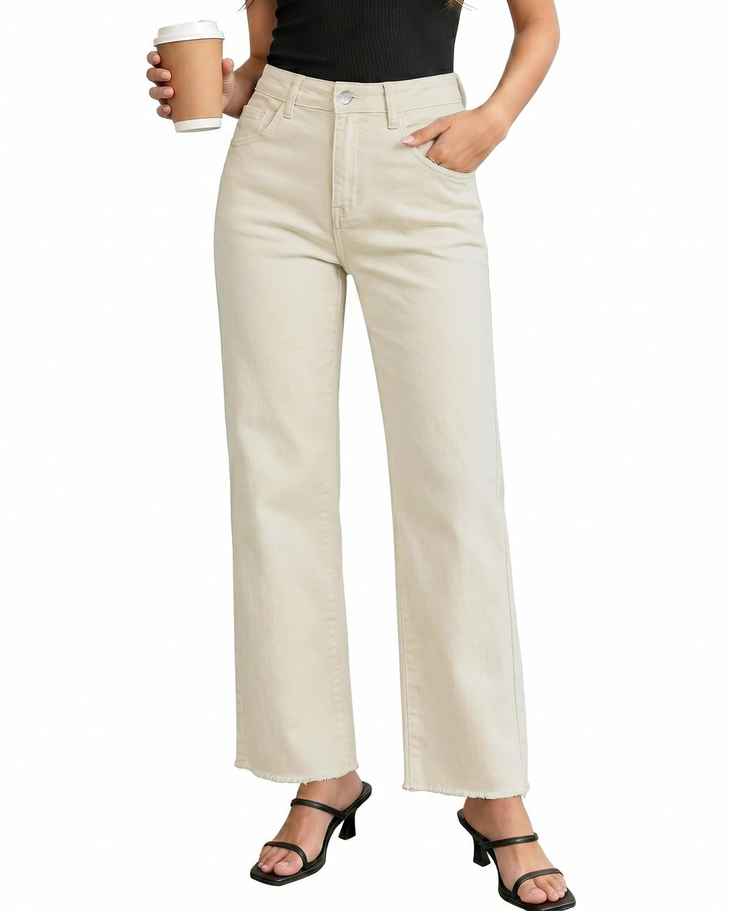 GRAPENT Straight Leg Jeans for Women High Waisted Stretchy Frayed Raw Hem Loose Denim Pants Casual Baggy Jean Trousers