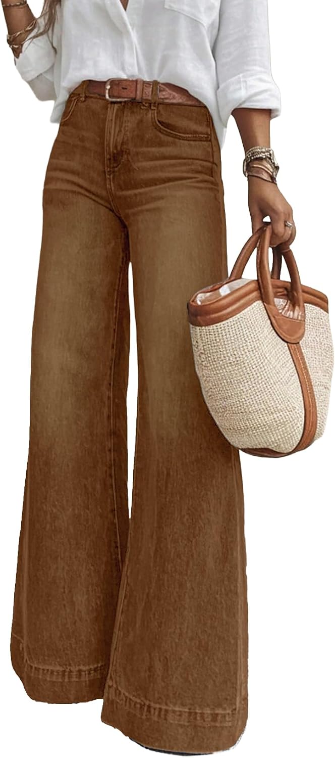 SHEWIN Flare Jeans for Women Wide Leg High Waisted Strechy Loose Casual Denim Pants with Pockets