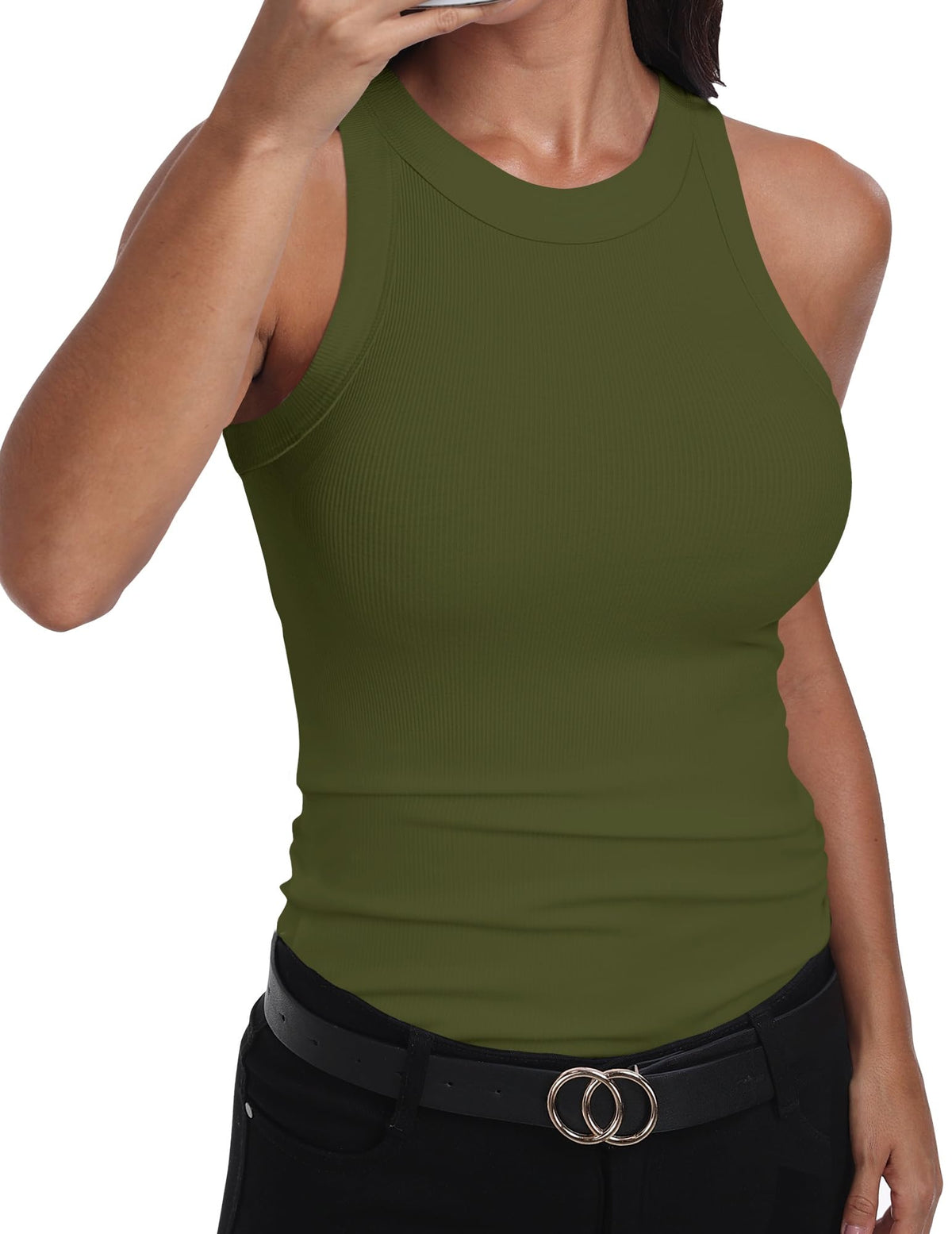 GEMBERA Womens Sleeveless Racerback High Neck Casual Basic Cotton Ribbed Fitted Tank Top